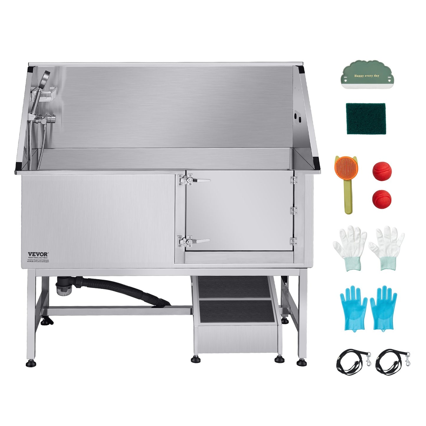 Hundewaschstation aus Edelstahl, 157,48 cm Hundebadewanne mit Rampe, PE-Wasserfilterplatte, Wasserhahn, Duschkopf und Seifenhalter, Hundebadewanne für große, mittlere und kleine Haustiere (Tür rechts)