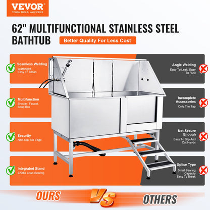 1.57M Pet Dog Bathing Station w/Stairs, Professional Stainless Steel Dog Grooming Tub w/ Soap Box, Faucet,Rich Accessory,Bathtub for Large,Medium,Small Pets, Washing Sink for Home(Right)