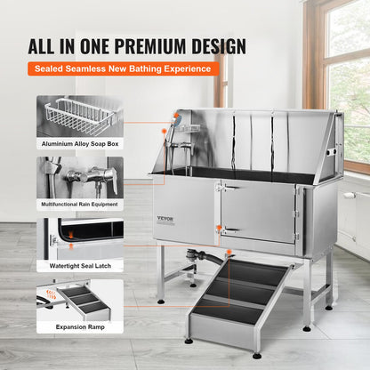 62" Pet Dog Bathing Station w/Ramp, Professional Stainless Steel Dog Grooming Tub w/ Soap Box, Faucet,Rich Accessory,Bathtub for Large,Medium,Small Pet, Washing Sink for Home(Right)