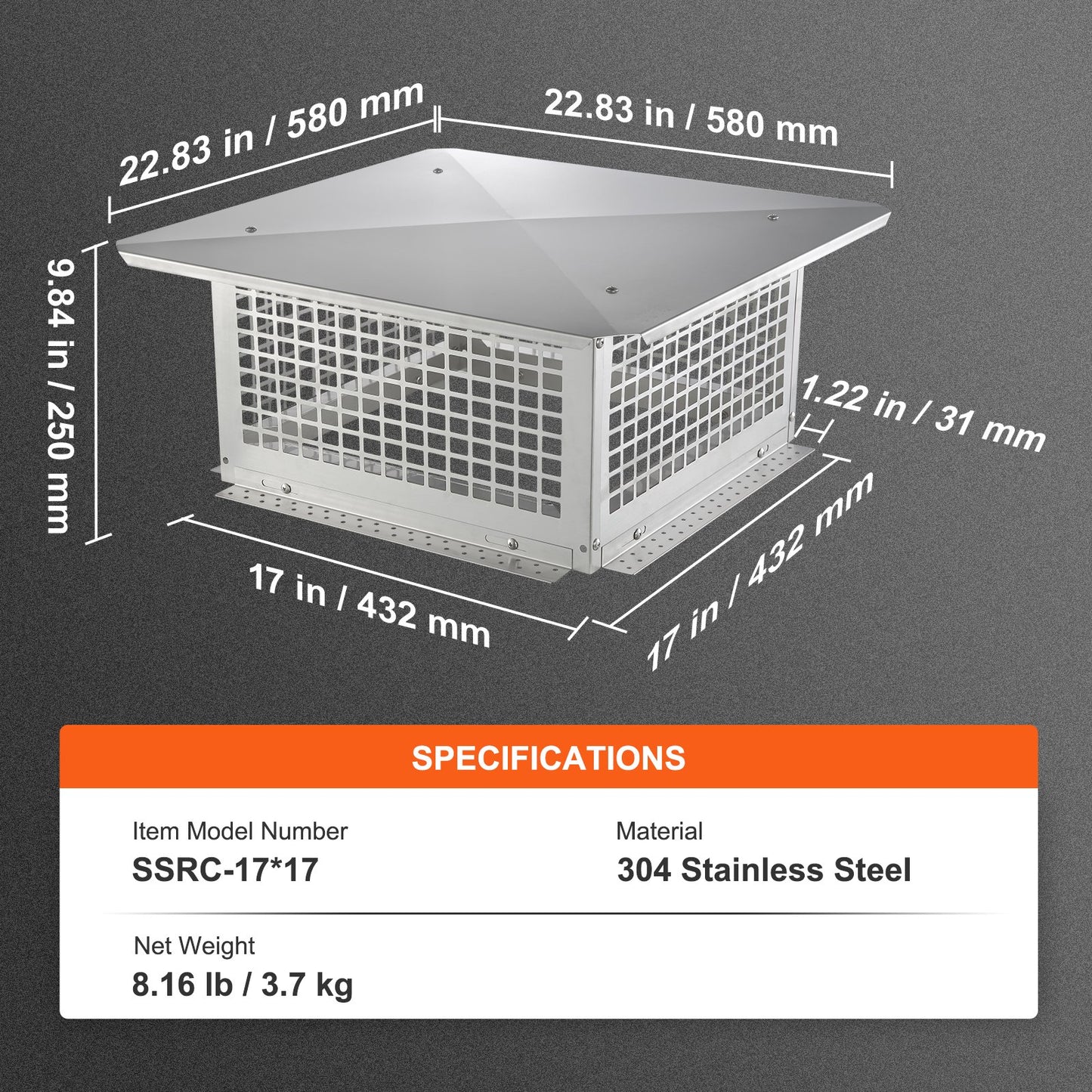 Kaminabdeckung, 431,8 x 431,8 mm, aus Edelstahl 304, kippsicher, praktisches Zubehör, einfache Montage, passend für Kaminrohre mit Drahtgitterabdeckung und Tondachziegeln, silberfarben