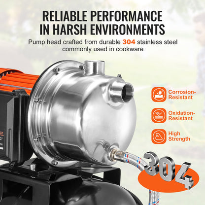 1193W (1,6 PS) Flachbrunnenpumpe mit Druckbehälter, 83 l/min (1320 GPH), automatische Bewässerungspumpe mit 19-Liter-Tank (5 Gallonen), 2/3,4 bar (30/50 PSI) Druckschalter, Pumpenkopf aus Edelstahl für Hausgarten und Rasen