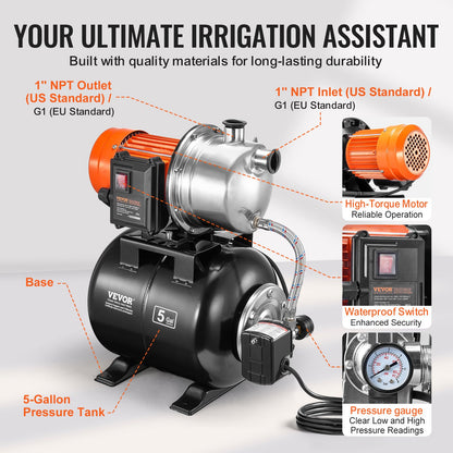 1193W (1,6 PS) Flachbrunnenpumpe mit Druckbehälter, 83 l/min (1320 GPH), automatische Bewässerungspumpe mit 19-Liter-Tank (5 Gallonen), 2/3,4 bar (30/50 PSI) Druckschalter, Pumpenkopf aus Edelstahl für Hausgarten und Rasen