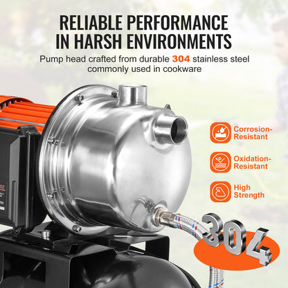 745 W (1 PS) Flachbrunnenpumpe mit Druckbehälter, 63 l/min (1000 GPH), automatische Bewässerungspumpe mit 40 m Förderhöhe, 1,4/2,8 bar (20/40 PSI) Druckschalter, Pumpenkopf aus Edelstahl 304 für Hausgarten und Rasen