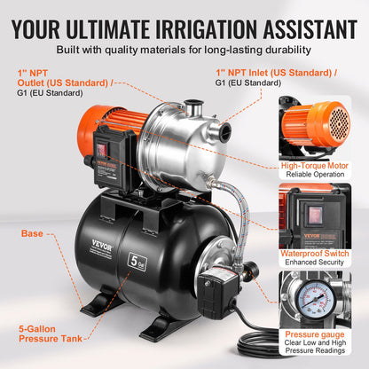 745 W (1 PS) Flachbrunnenpumpe mit Druckbehälter, 63 l/min (1000 GPH), automatische Bewässerungspumpe mit 40 m Förderhöhe, 1,4/2,8 bar (20/40 PSI) Druckschalter, Pumpenkopf aus Edelstahl 304 für Hausgarten und Rasen
