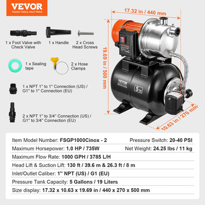 745 W (1 PS) Flachbrunnenpumpe mit Druckbehälter, 63 l/min (1000 GPH), automatische Bewässerungspumpe mit 40 m Förderhöhe, 1,4/2,8 bar (20/40 PSI) Druckschalter, Pumpenkopf aus Edelstahl 304 für Hausgarten und Rasen