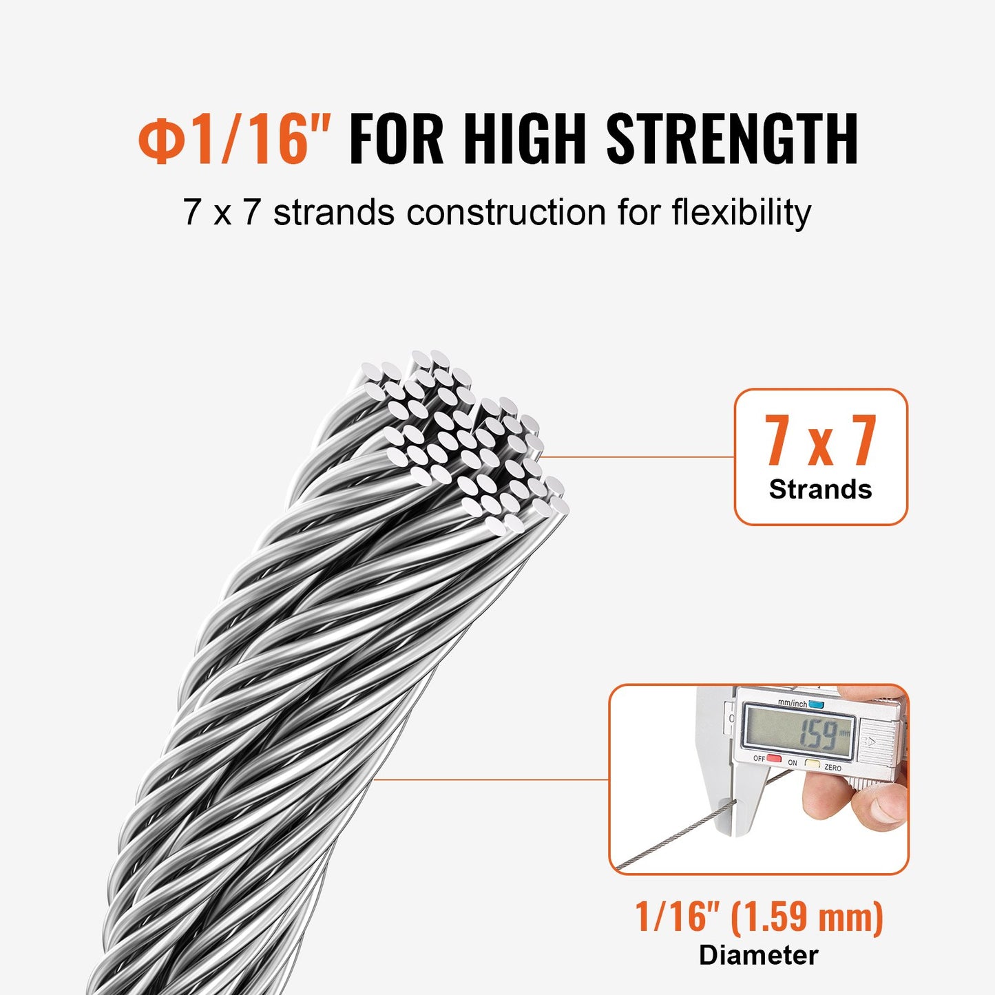 Wire Rope Kit, 1/16" 330 ft 304 Stainless Steel Cable with 80 Sleeves and 20 Thimbles, 450 lbs Breaking Strength, 7x7 Strands Marine Aircraft Grade for Handrail Stair Decking Fence Outdoors