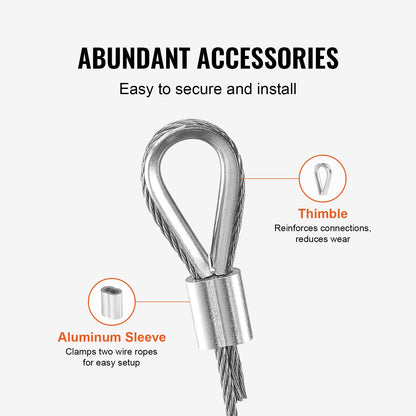 Wire Rope Kit, 1/16" 330 ft 304 Stainless Steel Cable with 80 Sleeves and 20 Thimbles, 450 lbs Breaking Strength, 7x7 Strands Marine Aircraft Grade for Handrail Stair Decking Fence Outdoors