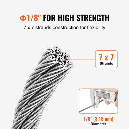 Wire Rope Kit, 1/8" 100 ft 304 Stainless Steel Cable with 124 Accessories, 1600 lbs Breaking Strength, 7x7 Strands Construction Marine Aircraft Grade for Handrail Stair Decking Fence Outdoors