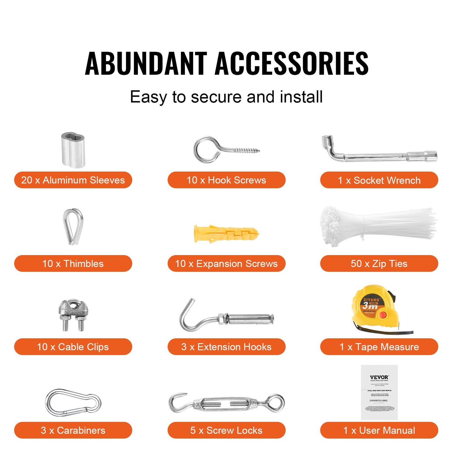 Wire Rope Kit, 1/8" 100 ft 304 Stainless Steel Cable with 124 Accessories, 1600 lbs Breaking Strength, 7x7 Strands Construction Marine Aircraft Grade for Handrail Stair Decking Fence Outdoors