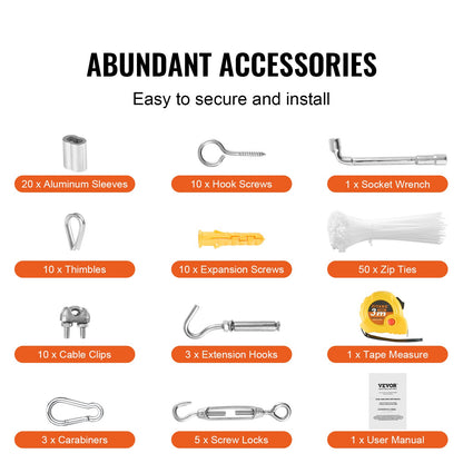 Wire Rope Kit, 1/8" 100 ft 304 Stainless Steel Cable with 124 Accessories, 1600 lbs Breaking Strength, 7x7 Strands Construction Marine Aircraft Grade for Handrail Stair Decking Fence Outdoors