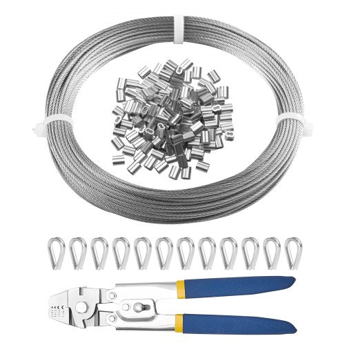 Wire Rope Kit, 1/16" 66 ft 304 Stainless Steel Cable with Crimping Pliers, 160 Sleeves and 12 Thimbles, 7x7 Strands Construction Marine Aircraft Grade for Handrail Stair Decking Fence Outdoors