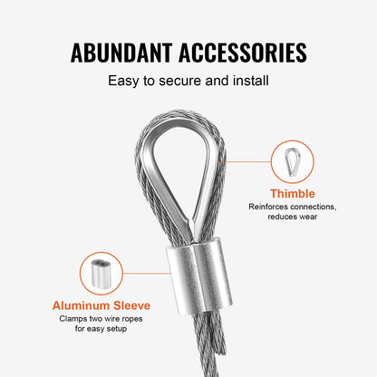 Wire Rope Kit, 1/8" 100 ft 316 Stainless Steel Cable with 20 Sleeves and 10 Thimbles, 1600 lbs Breaking Strength, 7x7 Strands Marine Aircraft Grade for Handrail Stair Decking Fence Outdoors