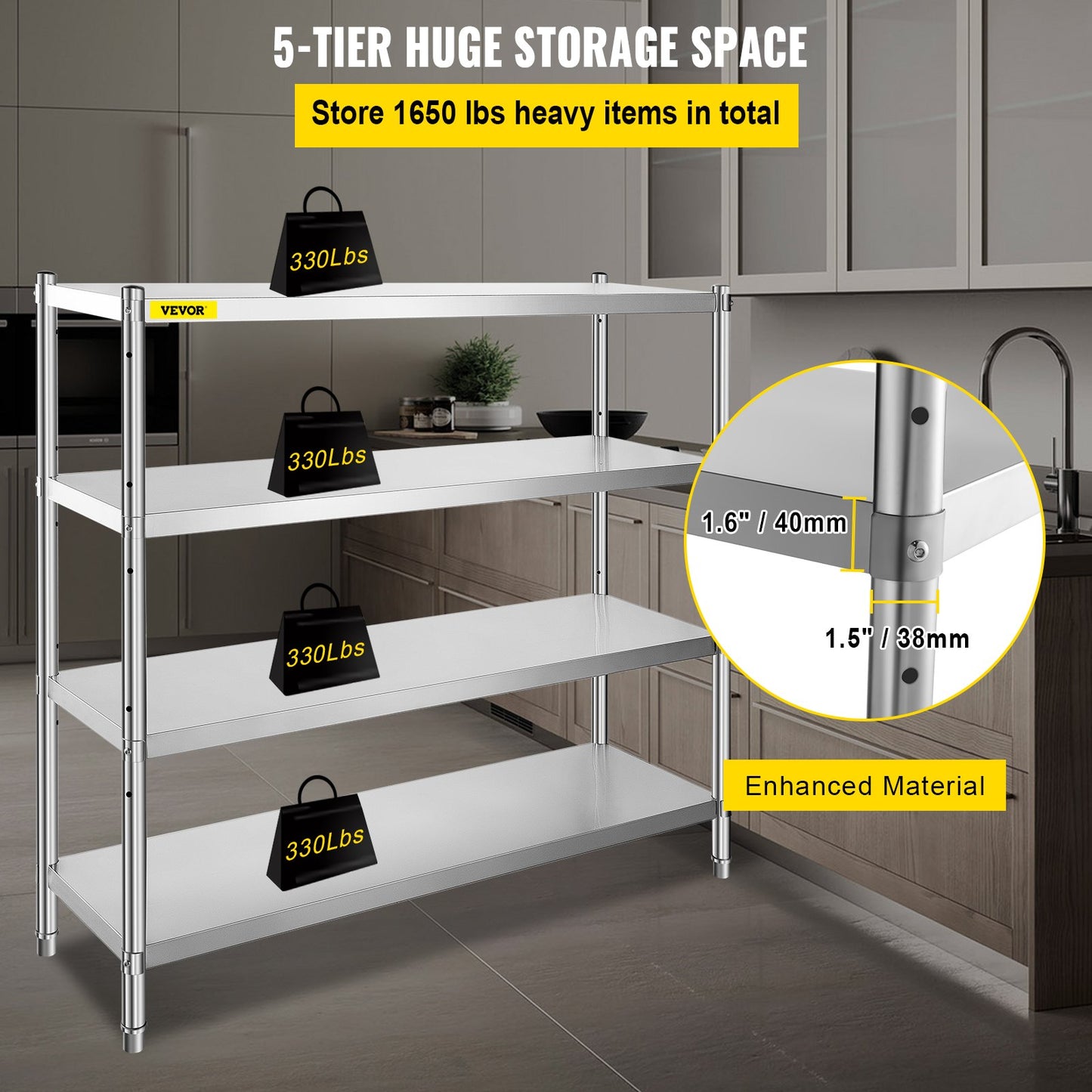 Storage Shelf, 4-Tier Stainless Steel Shelving, Storage Shelving Unit, 70.9 x 17.7 x 59.1 Inch Heavy Duty Storage Rack Shelving, 1320 Lbs Total Capacity with Adjustable Height