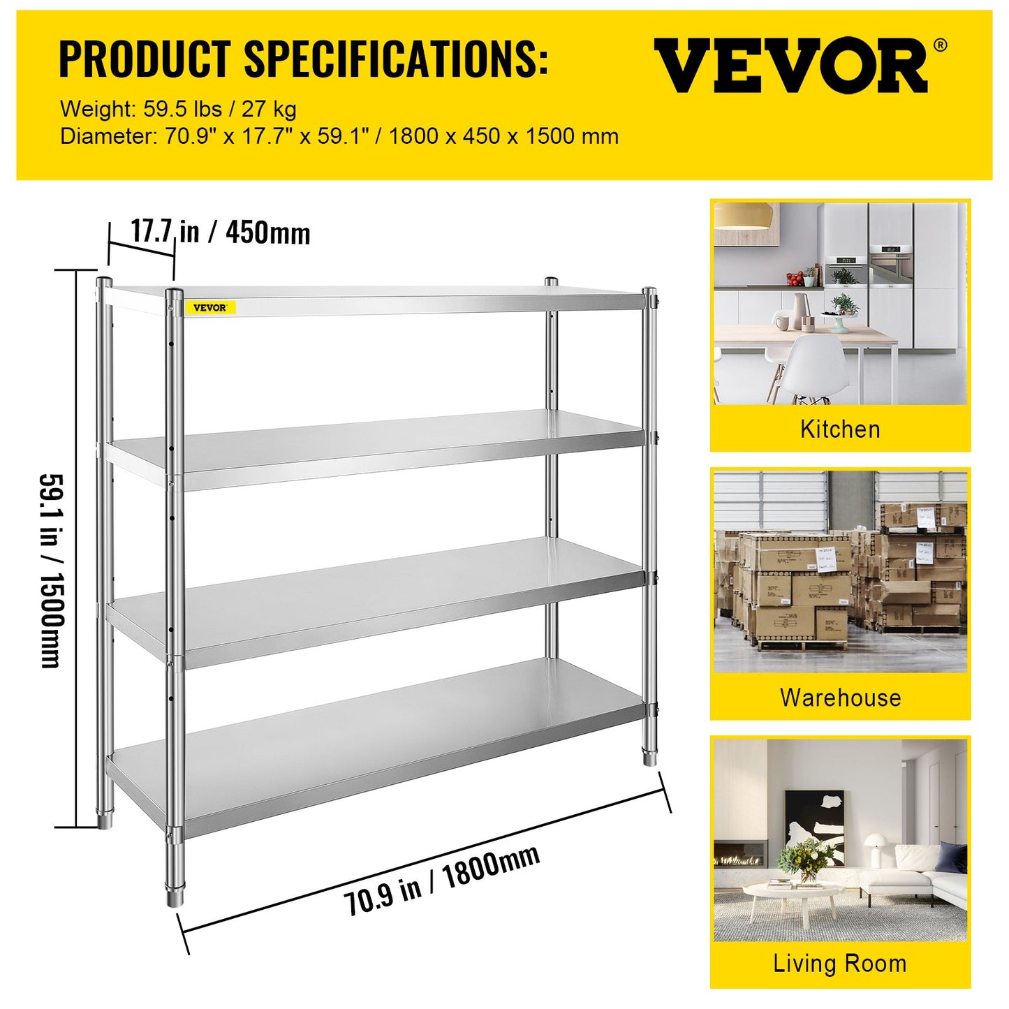 Storage Shelf, 4-Tier Stainless Steel Shelving, Storage Shelving Unit, 70.9 x 17.7 x 59.1 Inch Heavy Duty Storage Rack Shelving, 1320 Lbs Total Capacity with Adjustable Height