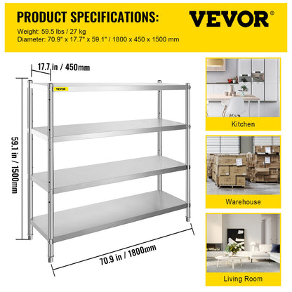 Storage Shelf, 4-Tier Stainless Steel Shelving, Storage Shelving Unit, 70.9 x 17.7 x 59.1 Inch Heavy Duty Storage Rack Shelving, 1320 Lbs Total Capacity with Adjustable Height