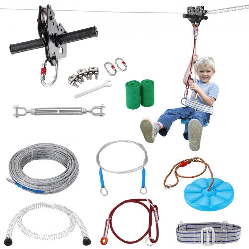 Zipline Kit for Kids and Adult, 30.48 m Zip Line Kits Up to 227 kg, Backyard Outdoor Quick Setup Zipline, Playground Entertainment with Stainless Steel Zipline, Spring Brake, Safety Harness, Seat