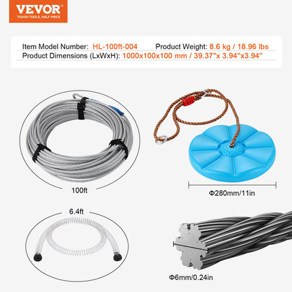 Zipline Kit for Kids and Adult, 30.48 m Zip Line Kits Up to 227 kg, Backyard Outdoor Quick Setup Zipline, Playground Entertainment with Stainless Steel Zipline, Spring Brake, Safety Harness, Seat