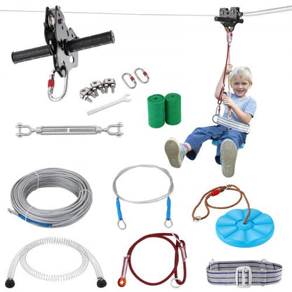 Zipline Kit for Kids and Adult, 24.38 m Zip Line Kits Up to 227 kg, Backyard Outdoor Quick Setup Zipline, Playground Entertainment with Stainless Steel Zipline, Spring Brake, Safety Harness, Seat