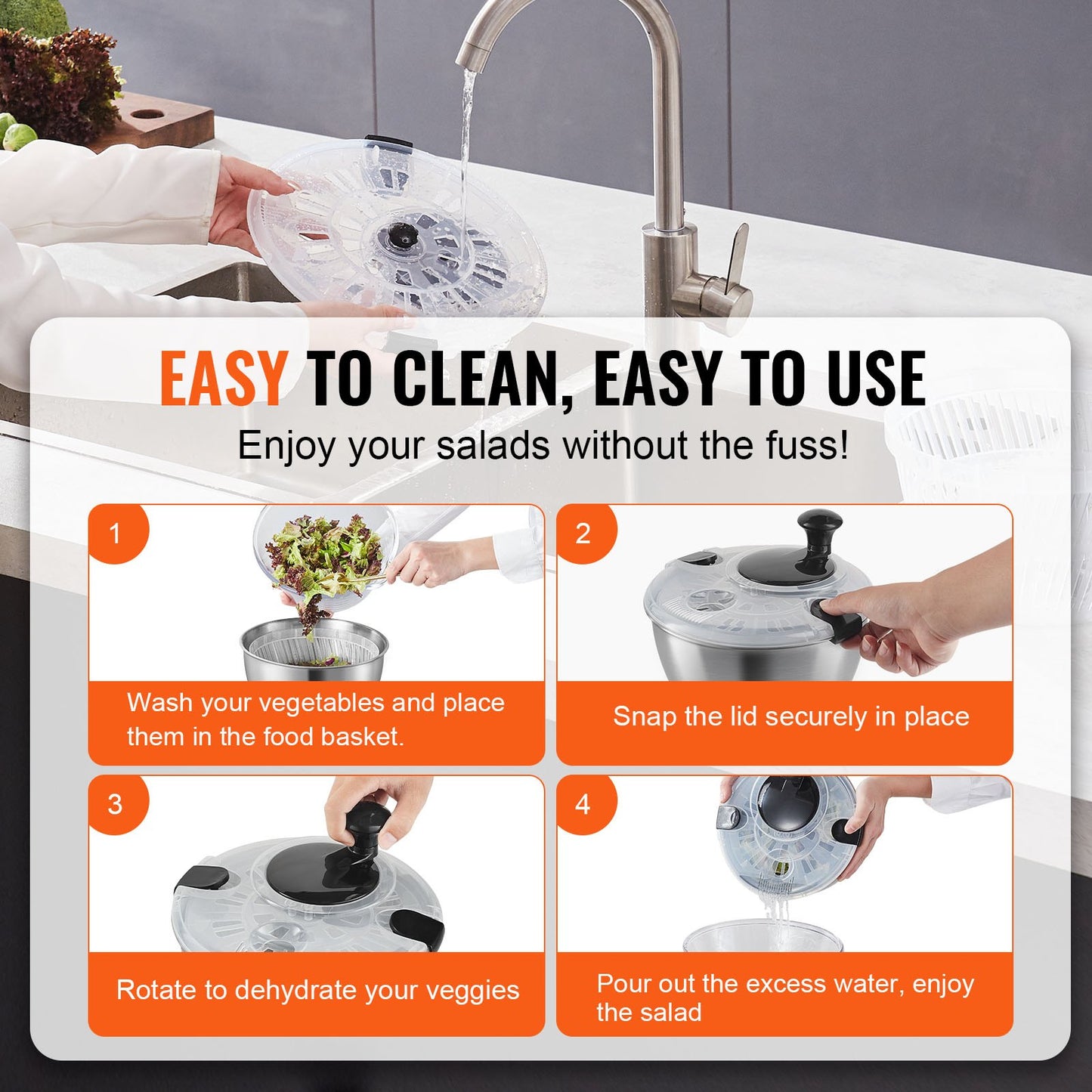 Salatschleuder aus Edelstahl, 4,75 l, Einhandbedienung, ideal zum Trocknen und Reinigen von großem Gemüse, Salat, Kräutern, Beeren und Früchten, mit Schüssel aus Edelstahl 304, BPA-frei