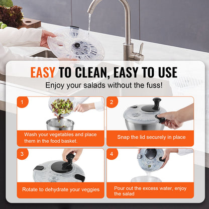 Salatschleuder aus Edelstahl, 4,75 l, Einhandbedienung, ideal zum Trocknen und Reinigen von großem Gemüse, Salat, Kräutern, Beeren und Früchten, mit Schüssel aus Edelstahl 304, BPA-frei