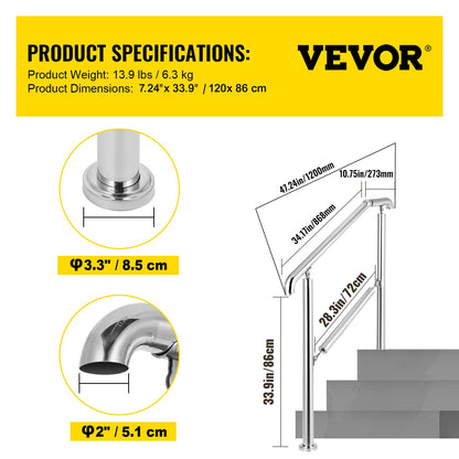 3-stufiges Treppengeländer aus Edelstahl, Übergangsmodell, geeignet für ebene Flächen und 1 bis 3 Stufen, verstellbar, für den Innen- und Außenbereich, Tragkraft 99,8 kg, inkl. Montageset, ideal für Veranda und Selbstmontage