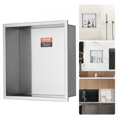 33.02 x 33.02 cm No Tile Shower Niche 304 Stainless Steel, Wall-Inserted Niche Recessed Double Shelves, Sealed Waterproof Rust-Resistant Modern Niche for Shower Bathroom Soap Storage, Silver