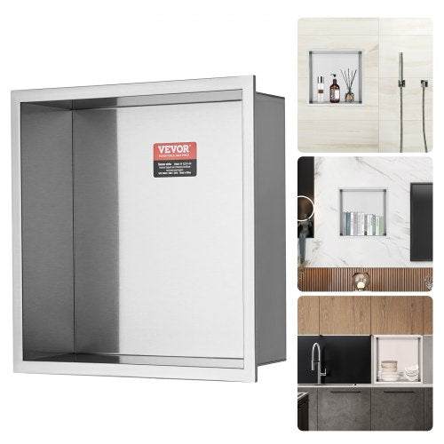 33.02 x 33.02 cm No Tile Shower Niche 304 Stainless Steel, Wall-Inserted Niche Recessed Double Shelves, Sealed Waterproof Rust-Resistant Modern Niche for Shower Bathroom Soap Storage, Silver