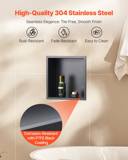 Shower Niche, 33.0 x 33.0 x 10.2 cm Recessed Wall Niche, Heavy-duty Stainless Steel Modern Soap & Shampoo Storage Organizer, Sealed Waterproof, Durable & Easy to Install, Black for Bathroom
