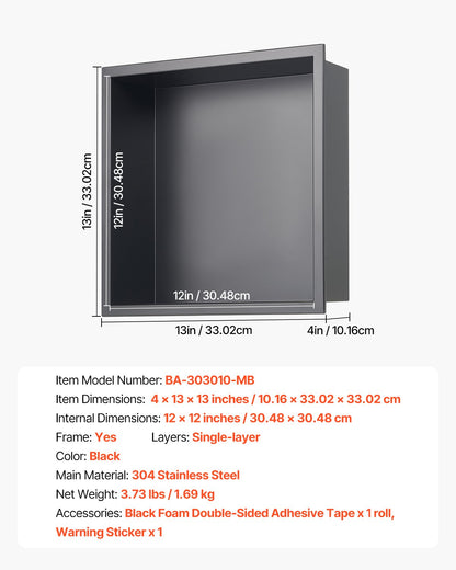 Shower Niche, 33.0 x 33.0 x 10.2 cm Recessed Wall Niche, Heavy-duty Stainless Steel Modern Soap & Shampoo Storage Organizer, Sealed Waterproof, Durable & Easy to Install, Black for Bathroom