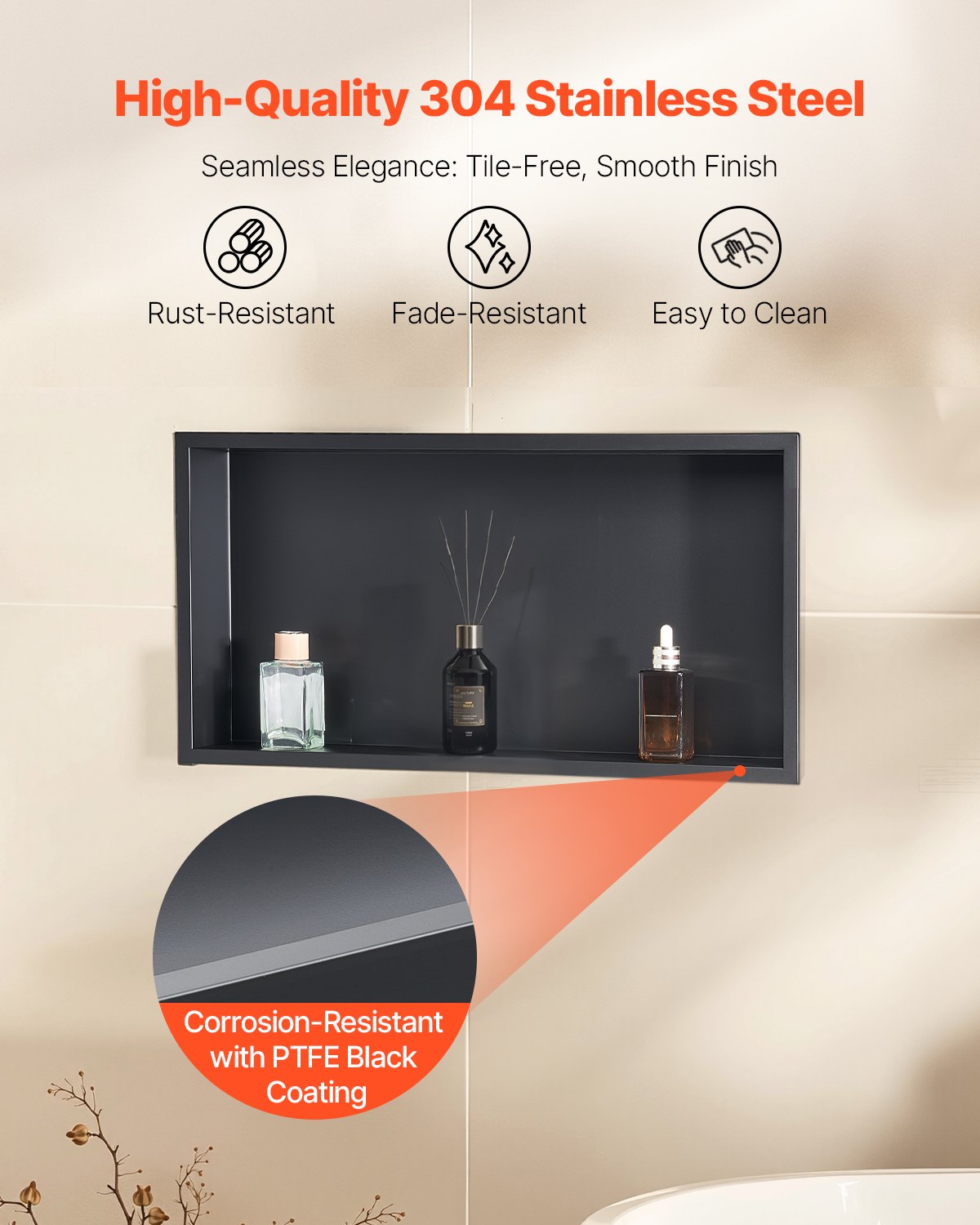 Shower Niche, 33.0 x 63.5 x 10.2 cm Recessed Wall Niche, Heavy-duty Stainless Steel Modern Soap & Shampoo Storage Organizer, Sealed Waterproof, Durable & Easy to Install, Black for Bathroom