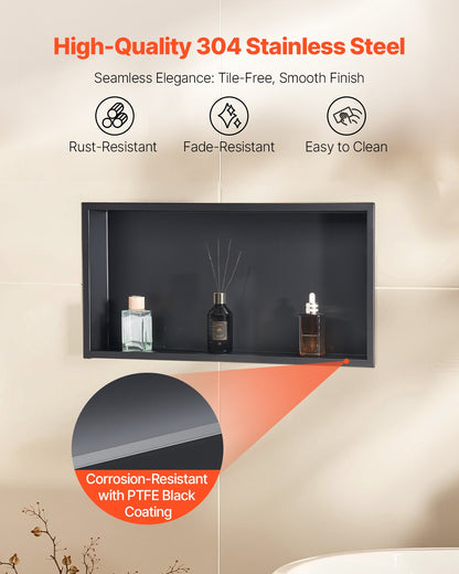 Shower Niche, 33.0 x 63.5 x 10.2 cm Recessed Wall Niche, Heavy-duty Stainless Steel Modern Soap & Shampoo Storage Organizer, Sealed Waterproof, Durable & Easy to Install, Black for Bathroom