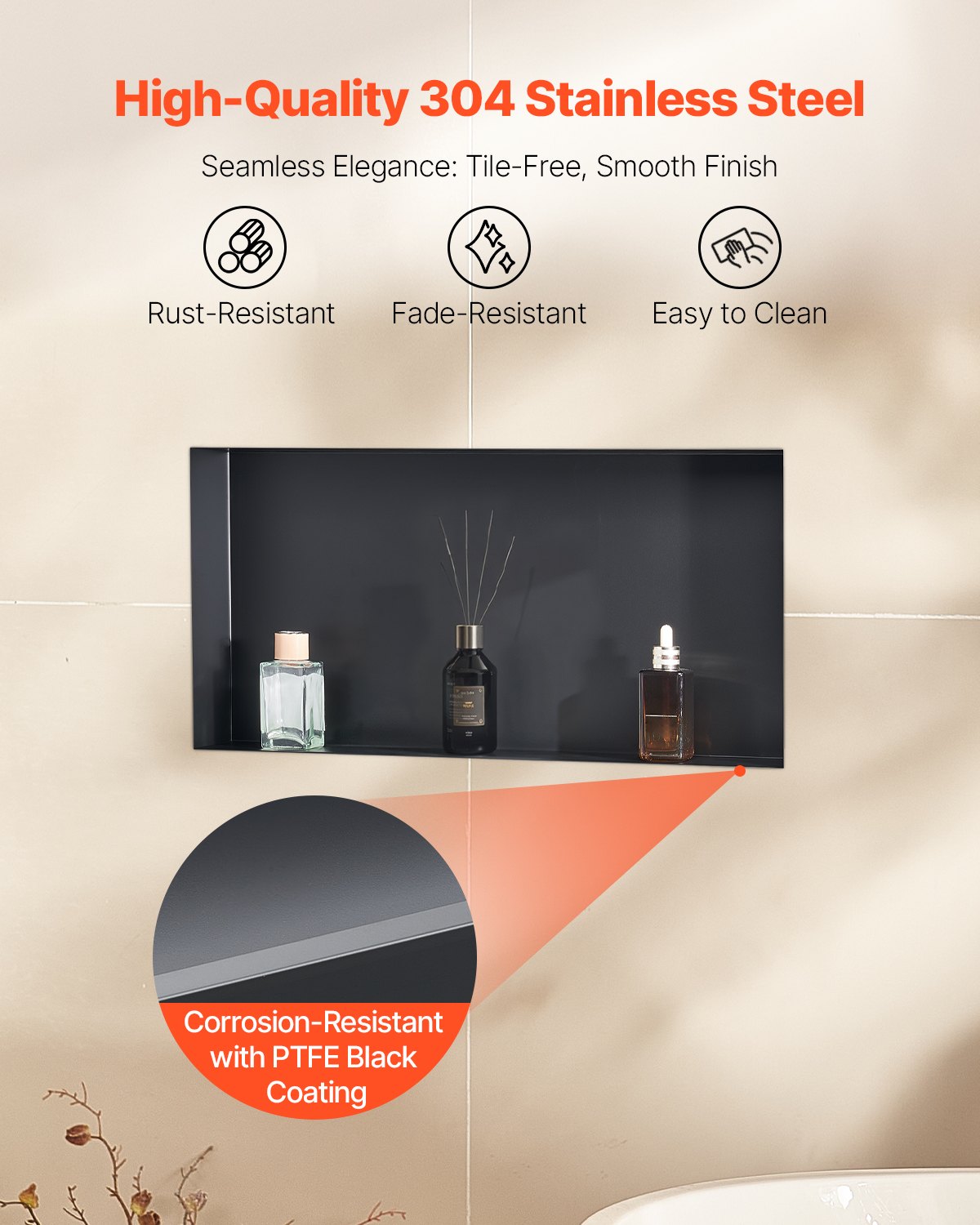 Shower Niche, 33.0 x 63.5 x 10.2 cm Frameless Recessed Wall Niche, Heavy-duty Stainless Steel Modern Shampoo Storage Organizer, Sealed Waterproof, Durable & Easy to Install, Black for Bathroom