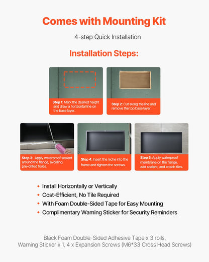 Shower Niche, 33.0 x 63.5 x 10.2 cm Frameless Recessed Wall Niche, Heavy-duty Stainless Steel Modern Shampoo Storage Organizer, Sealed Waterproof, Durable & Easy to Install, Black for Bathroom