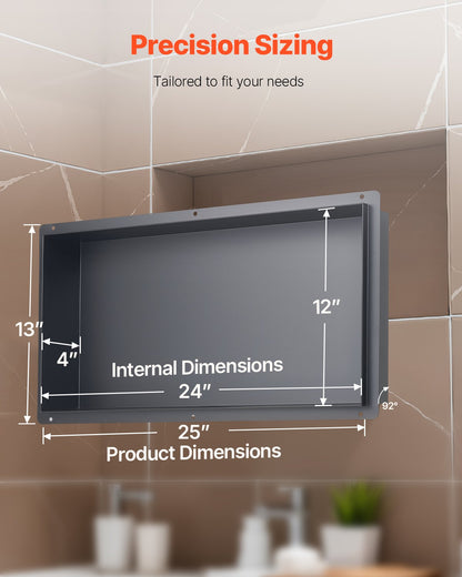 Shower Niche, 33.0 x 63.5 x 10.2 cm Frameless Recessed Wall Niche, Heavy-duty Stainless Steel Modern Shampoo Storage Organizer, Sealed Waterproof, Durable & Easy to Install, Black for Bathroom