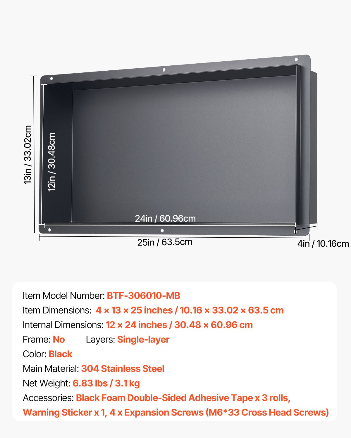 Shower Niche, 33.0 x 63.5 x 10.2 cm Frameless Recessed Wall Niche, Heavy-duty Stainless Steel Modern Shampoo Storage Organizer, Sealed Waterproof, Durable & Easy to Install, Black for Bathroom