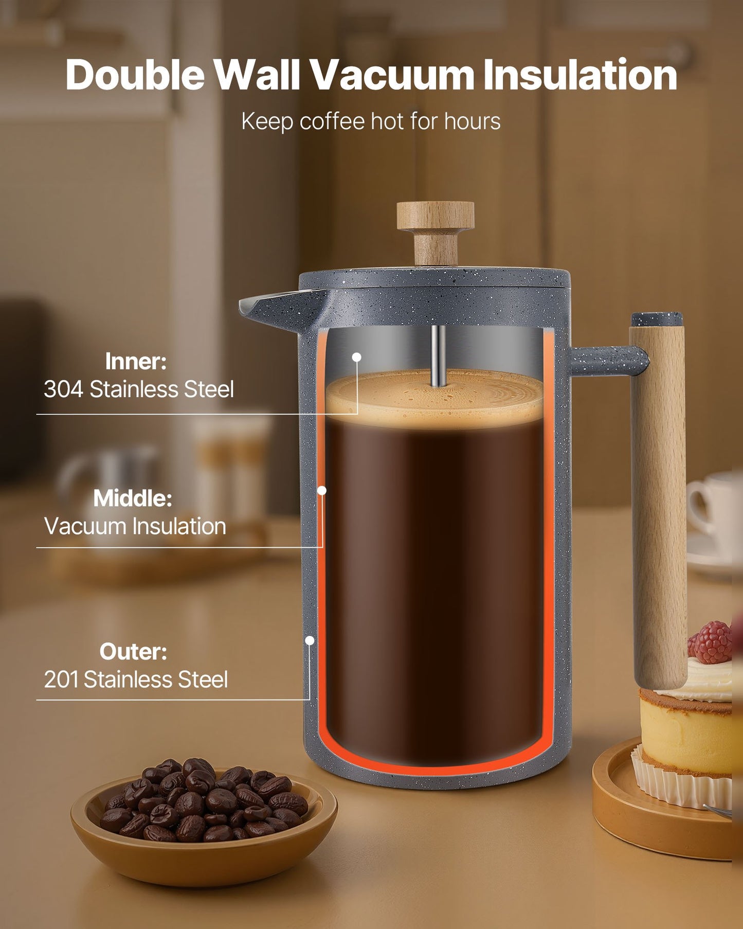 French-Press-Kaffeebereiter, 1 Liter, Edelstahl, mit Filter, große doppelwandige Isolierung, ideal für Cold Brew, Camping, Reisen, Küche und Zuhause, Schwarz