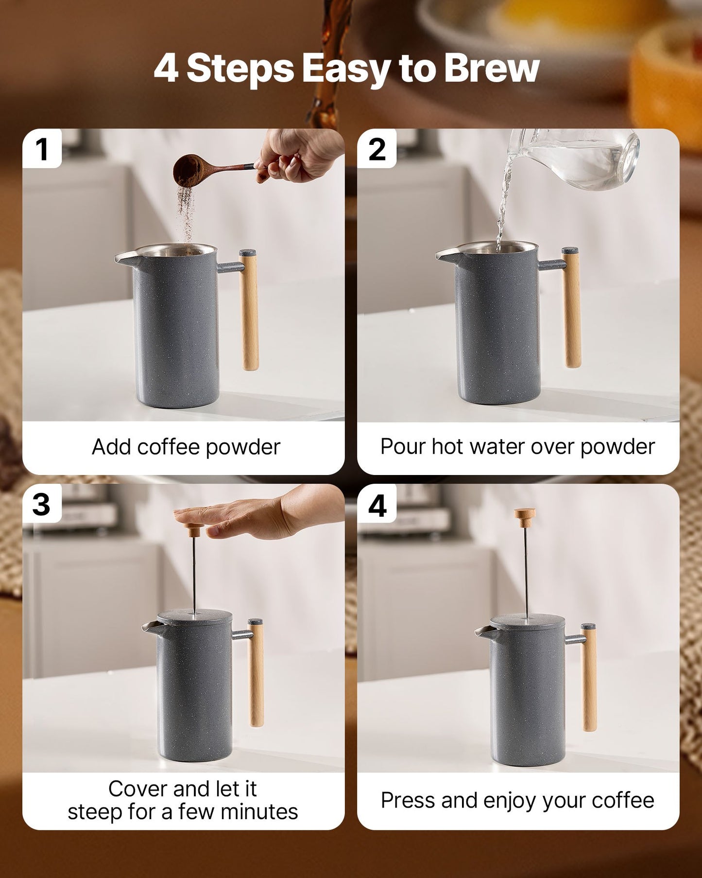 French-Press-Kaffeebereiter, 1 Liter, Edelstahl, mit Filter, große doppelwandige Isolierung, ideal für Cold Brew, Camping, Reisen, Küche und Zuhause, Schwarz