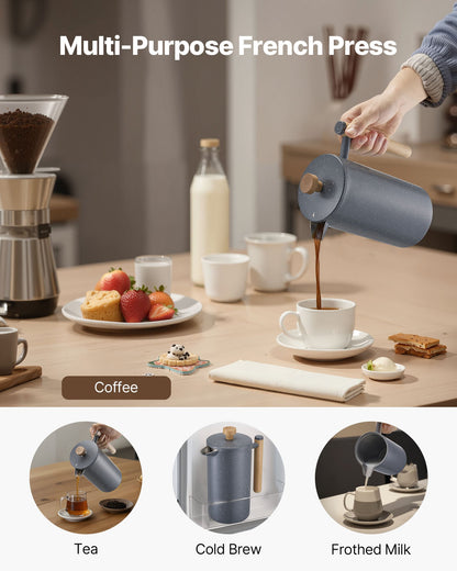 French-Press-Kaffeebereiter, 1 Liter, Edelstahl, mit Filter, große doppelwandige Isolierung, ideal für Cold Brew, Camping, Reisen, Küche und Zuhause, Schwarz