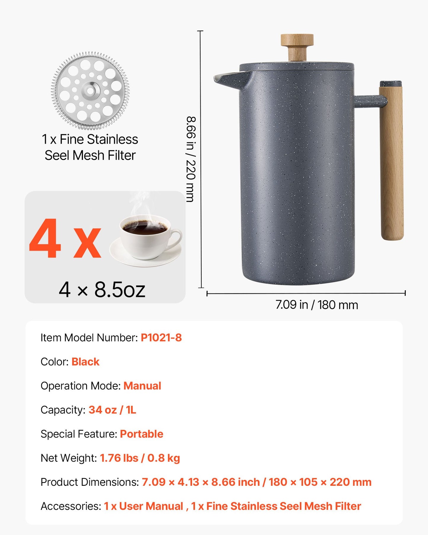 French-Press-Kaffeebereiter, 1 Liter, Edelstahl, mit Filter, große doppelwandige Isolierung, ideal für Cold Brew, Camping, Reisen, Küche und Zuhause, Schwarz