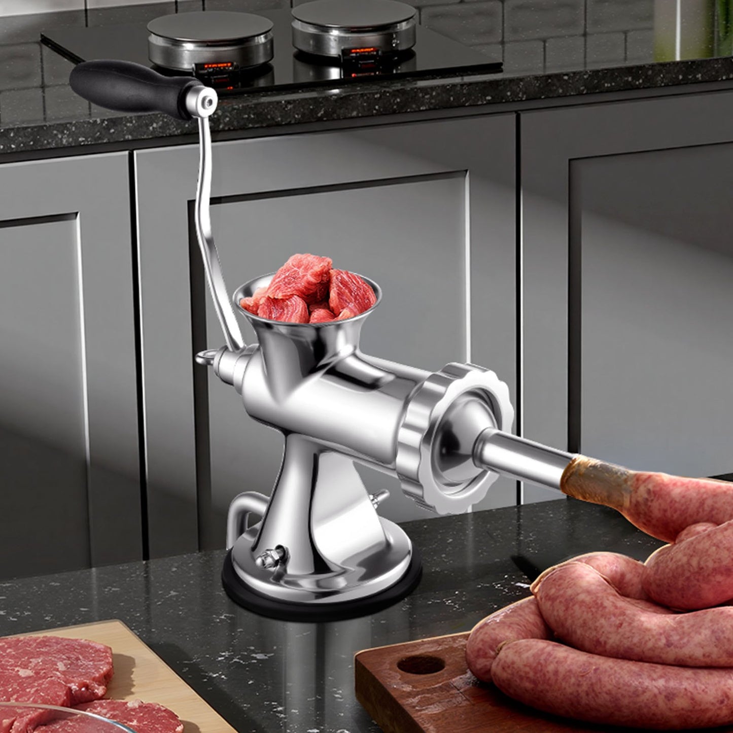 Manual Meat Grinder, 304 Stainless Steel Hand Meat Grinder with Suction Cup + Steel Table Clamp, Meat Mincer Sausage Maker & 2 Cutting Plates, Sausage Tube, Grinding Head for Beef Pepper Cookie