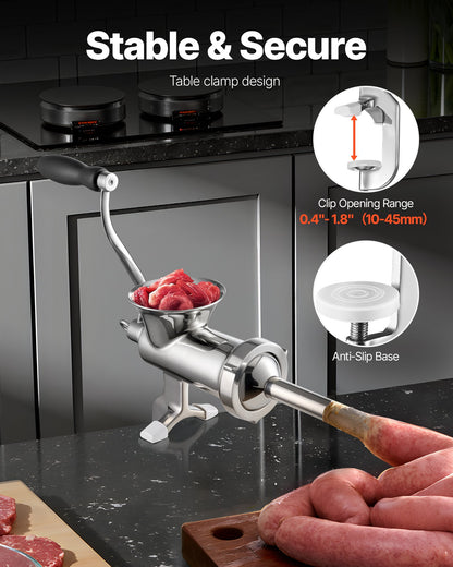 Manueller Fleischwolf, Handfleischwolf aus Edelstahl 304 mit Tischklemme aus Stahl, Wurstfüller und 2 Schneidscheiben, Keksaufsatz, Wurstrohr für Rindfleisch, Paprika, Pilze und Kekse