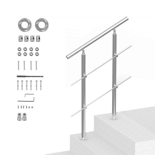 Handrails for Outdoor Steps, 31.5in Length 2 Crossbars Stair Hand Rail Kit, Transitional Stainless Steel Railings w/ Installation Kit, Double-column Staircase Handrails for Seniors,Porch & Deck