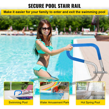 Poolgeländer 32x23" Poolgeländer 304 Edelstahl 250LBS Tragfähigkeit Silber Rostfreier Poolhandlauf Ergonomischer Schwimmbadhandlauf mit blauer Griffabdeckung &amp; M8 Bohrer &amp; selbstschneidenden Schrauben