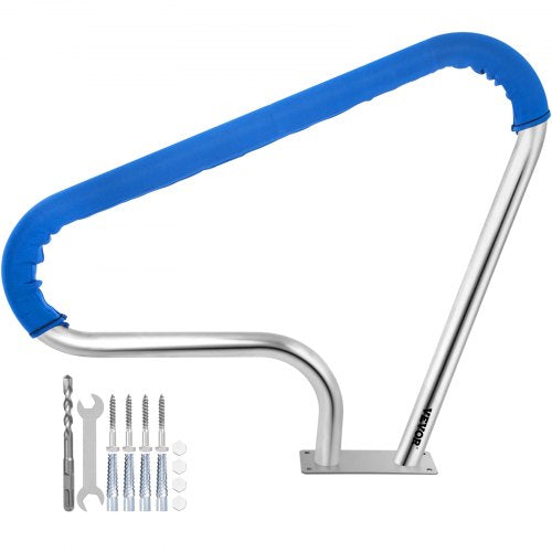 Poolgeländer 39x32" Poolgeländer 304 Edelstahl 250LBS Tragfähigkeit Silber Rostfreier Poolhandlauf Ergonomischer Schwimmbadhandlauf mit blauer Griffabdeckung &amp; M8 Bohrer &amp; selbstschneidenden Schrauben