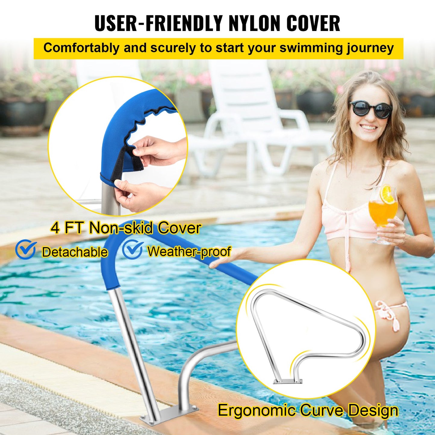 Poolgeländer 39x32" Poolgeländer 304 Edelstahl 250LBS Tragfähigkeit Silber Rostfreier Poolhandlauf Ergonomischer Schwimmbadhandlauf mit blauer Griffabdeckung &amp; M8 Bohrer &amp; selbstschneidenden Schrauben