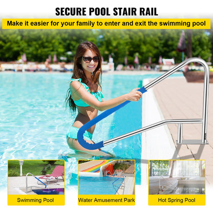 Pool Rail 139.7x81.3 cm Pool Railing 304 Stainless Steel 113.4 kg Load Capacity Silver Rustproof Pool Handrail Humanized Swimming Pool Handrail with Blue Grip Cover & M8 Drill Bit & Self-taping Screws