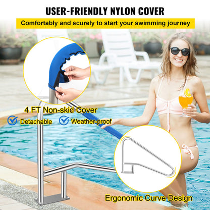 Pool Rail 139.7x81.3 cm Pool Railing 304 Stainless Steel 113.4 kg Load Capacity Silver Rustproof Pool Handrail Humanized Swimming Pool Handrail with Blue Grip Cover & M8 Drill Bit & Self-taping Screws