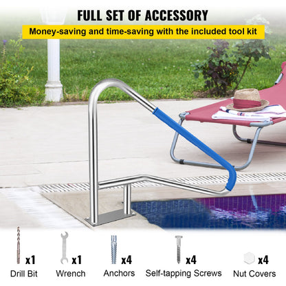 Pool Rail 139.7x81.3 cm Pool Railing 304 Stainless Steel 113.4 kg Load Capacity Silver Rustproof Pool Handrail Humanized Swimming Pool Handrail with Blue Grip Cover & M8 Drill Bit & Self-taping Screws