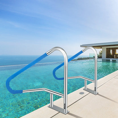 Pool Rail 139.7x81.3 cm Pool Railing 304 Stainless Steel 113.4 kg Load Capacity Silver Rustproof Pool Handrail Humanized Swimming Pool Handrail with Blue Grip Cover & M8 Drill Bit & Self-taping Screws