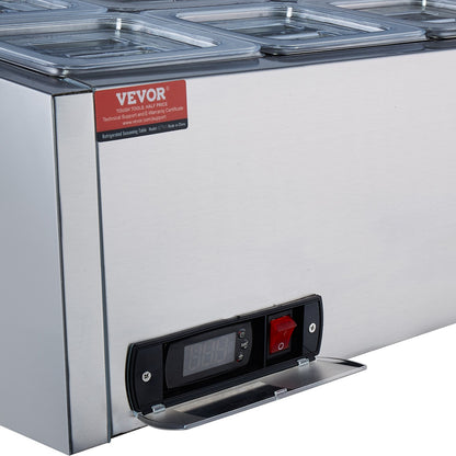 Refrigerated Condiment Prep Station, 145 W Countertop Refrigerated Condiment Station, with 8 1/6 Pans, 304 Stainless Body and PC Lid, Sandwich Prep Table with Stainless Steel Guard, CE